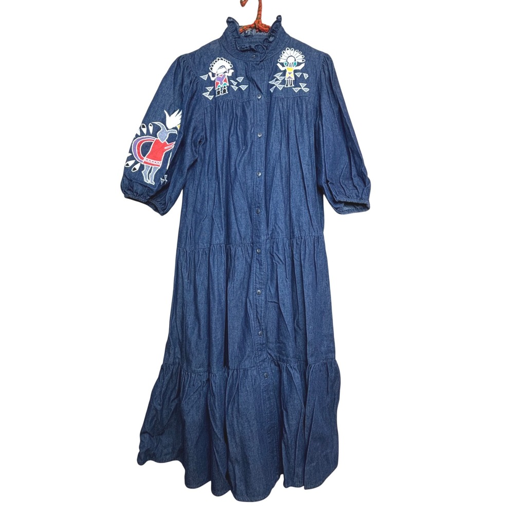 Vintage 90s Denim Maxi Dress Embroidered Kachina Blue Large Prairie Cottage Boho